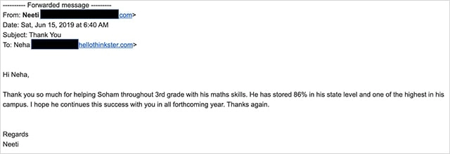 Soham's mother thanks their math coach for helping him improve his math skills and achieve high math scores.