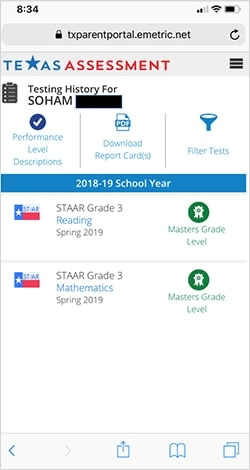Soham achieved 'Master's Grade Level' on the Texas Assessment math test with one-on-one support from a math tutor.