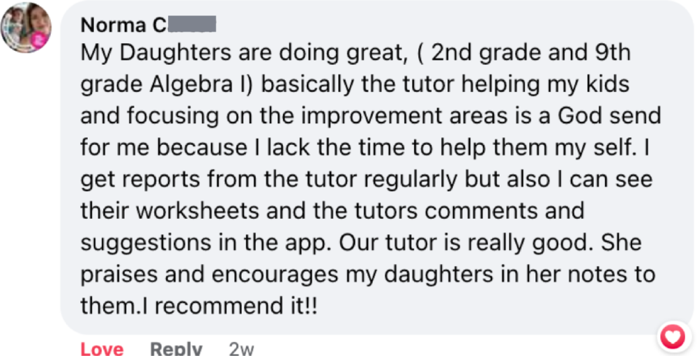 Parent review on Facebook praising Thinkster's math worksheets and expert tutor feedback.